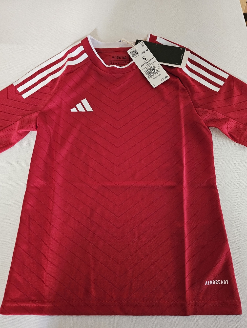 adidas Kids Red Short-Sleeve Soccer Jersey with White Stripes New SMALL